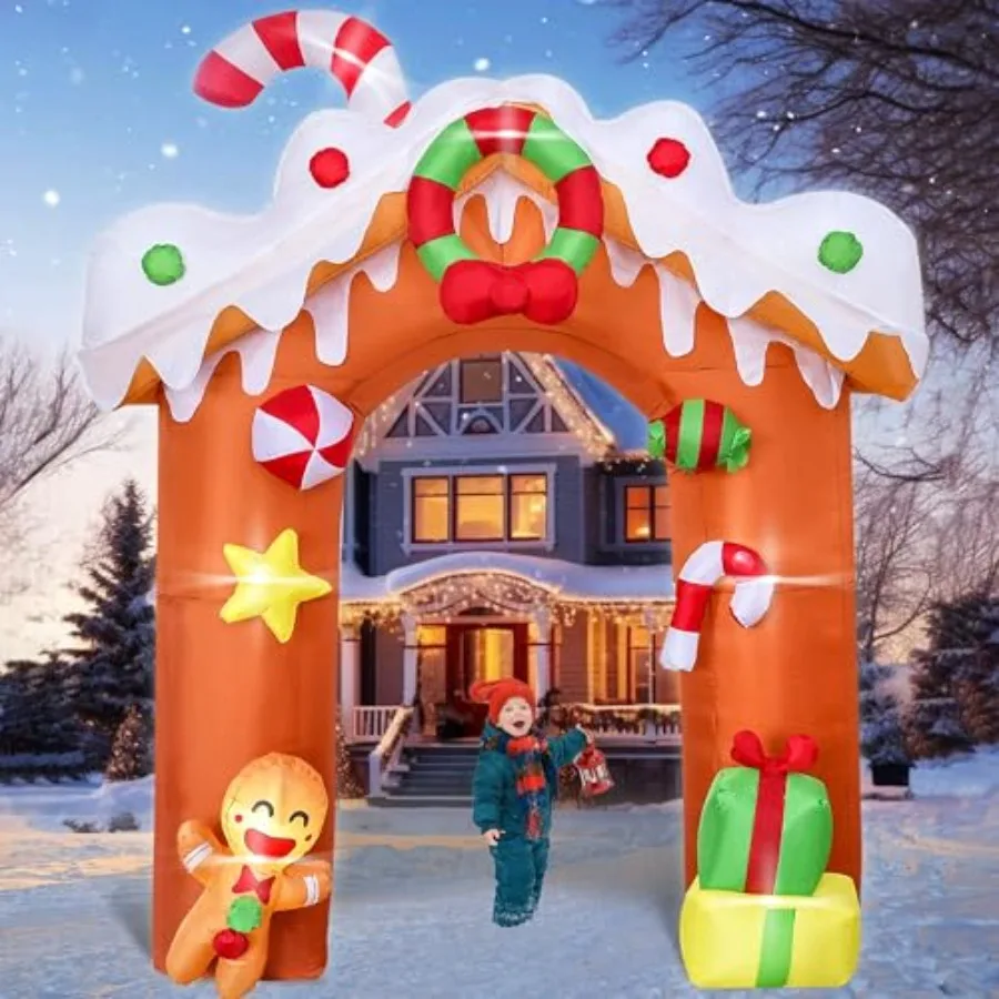 

Outdoor Christmas inflatable archway: 10FT gingerbread house in red and white, built-in LED lights for festive yard decoration
