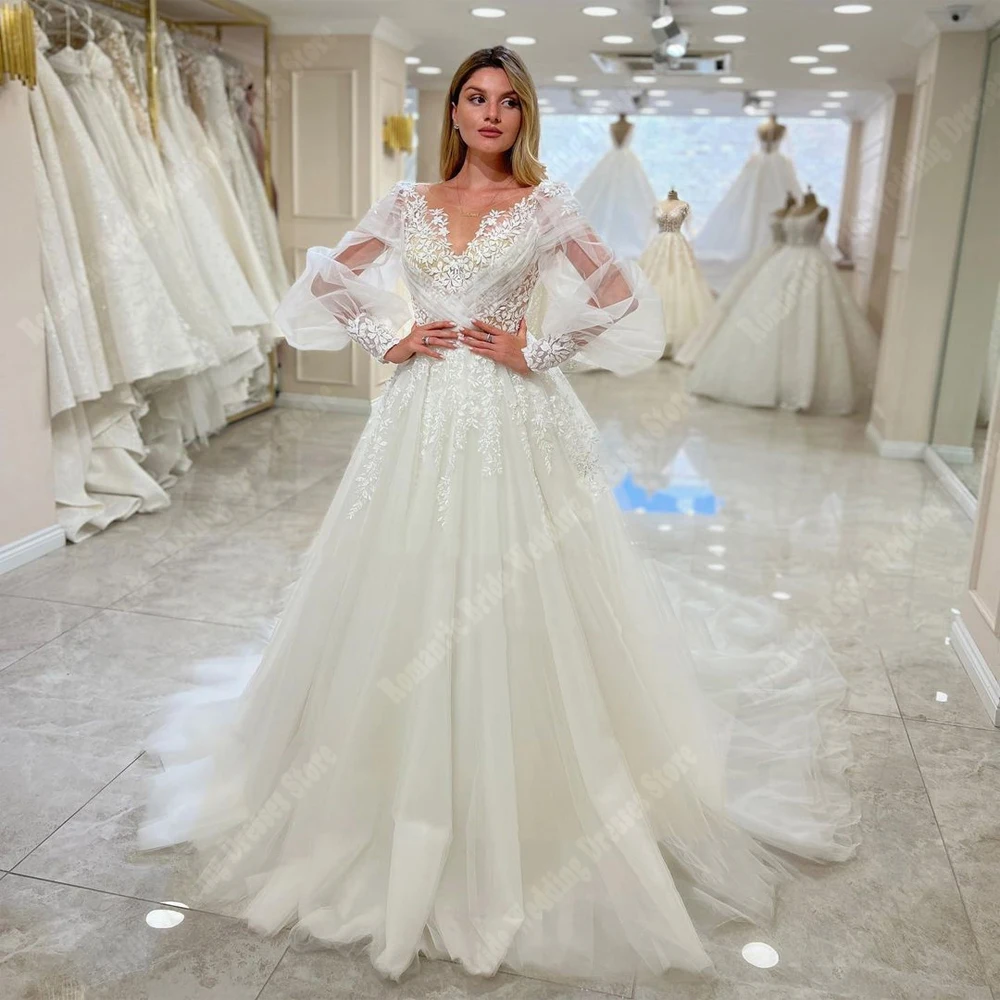 Elegante Deep-V Frauen Brautkleider Glitzer Tüll Brautkleider eine Linie Blume Schulter gurte Prinzessin Vestidos de Novias