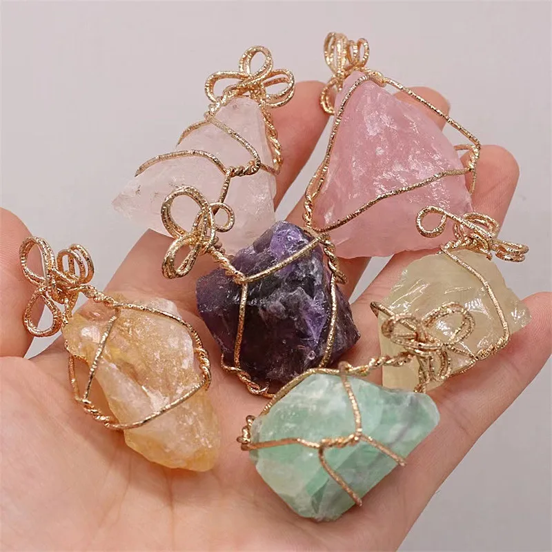 Natural gemstone gold copper wire wound crystal rose quartz rough stone DIY jewelry necklace for sale