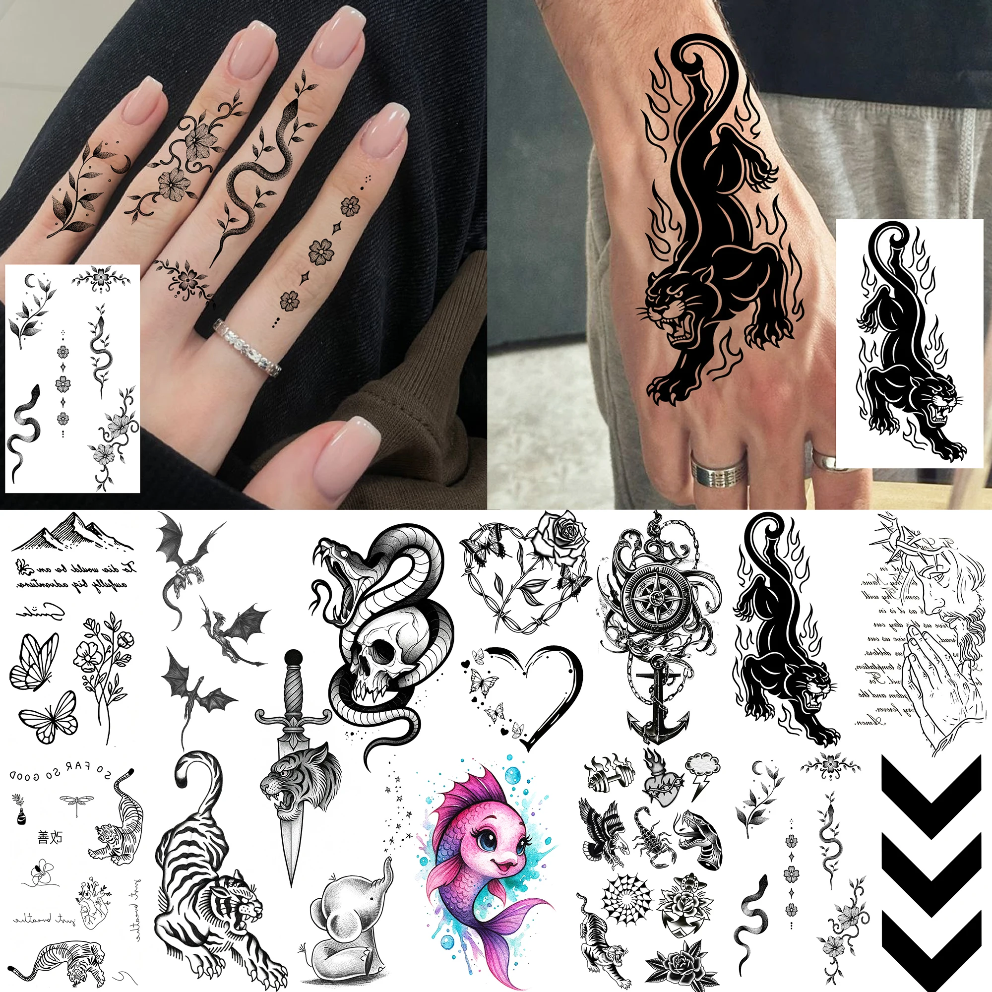 1 Sheet Halloween Skull Tiger Snake Temporary Tattoos For Adult Hands, Temp Fake Tattoo Stickers Long Lasting Realistic Tatoos