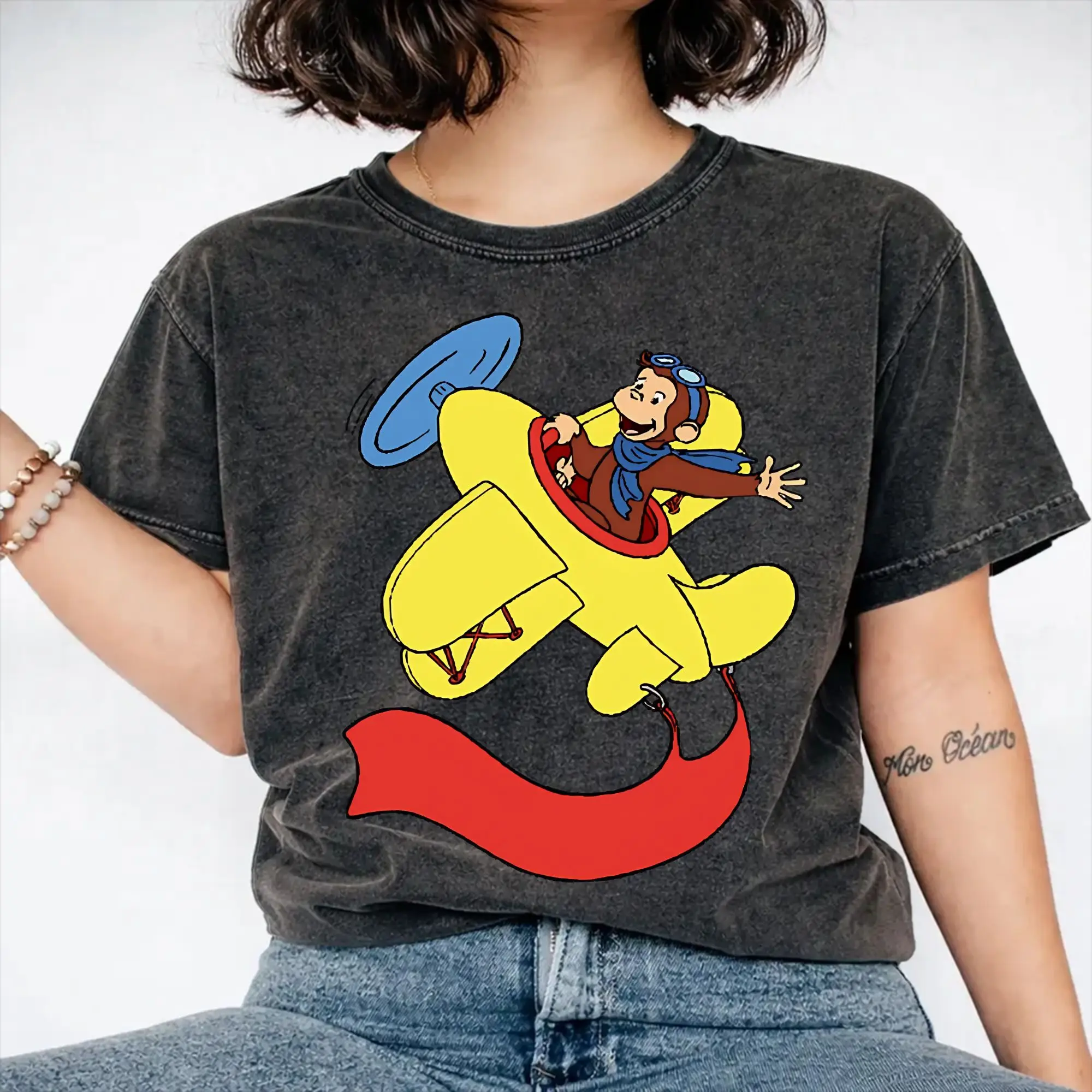 Curious george in an airplan  Apparel Washed T Shirts Men Women Streetwear Hip Hop T-Shirt Graphic Printed  Tees Tops
