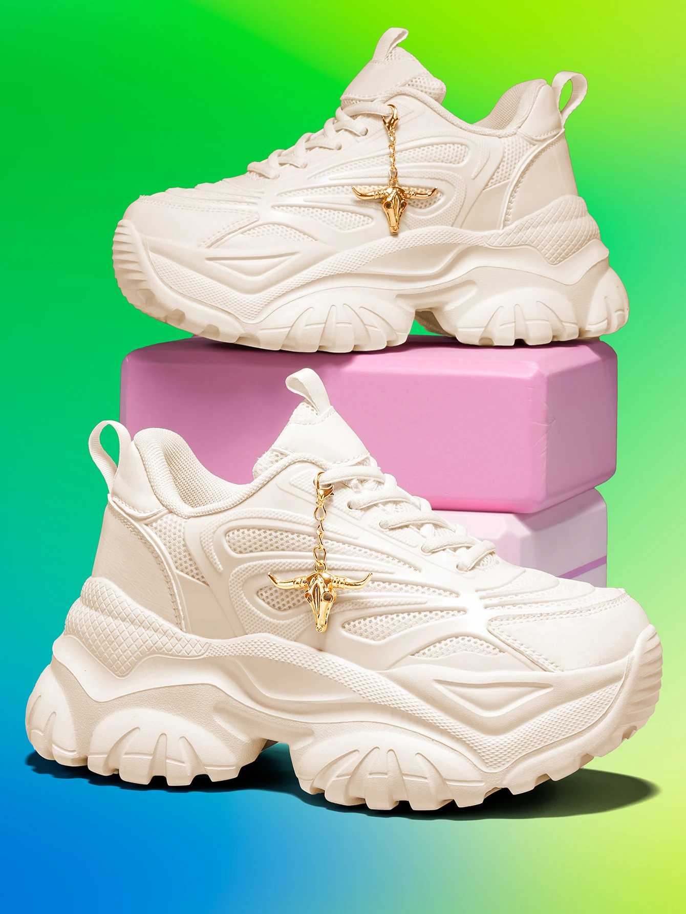 Women's Outdoor Fashionable Dad Shoes for All Seasons, EVA Lightweight Thick Sole with 7CM Height Increase, Blue Sneakers with Detachable Golden Bull Head Pendant, Suitable for Running, Fitness, and Halloween Outfits view 5