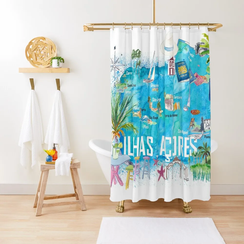 

Azores Islands Portugal Illustrated Travel Map with Tourist Highlights Shower Curtain Shower Sets For Bathroom Curtain