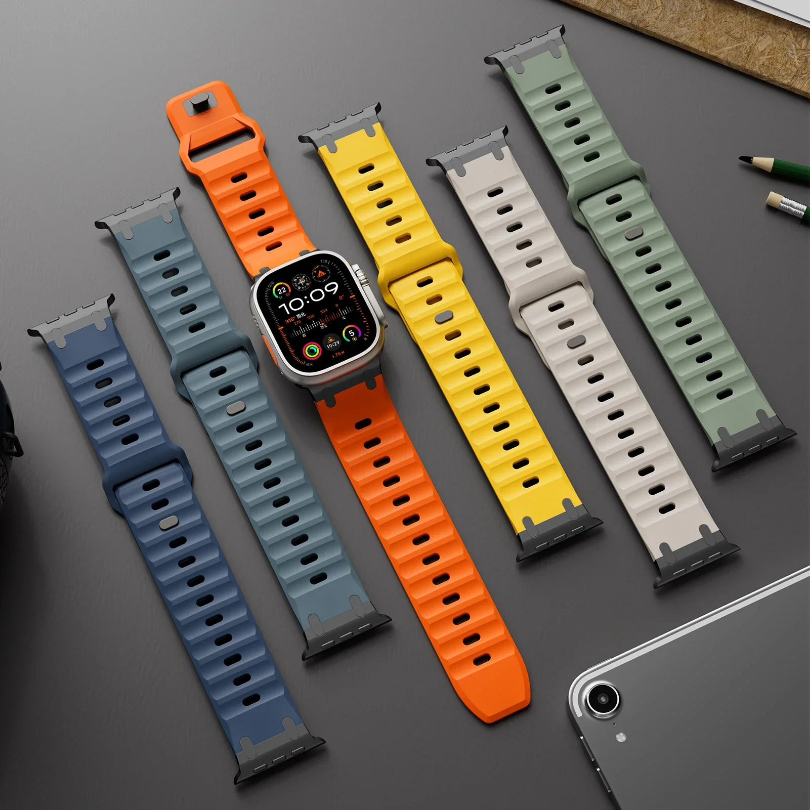 Apple Watch用スポーツシリコンストラップ,バンド49mm, 49mm,apスタイルコネクタ,時計バンド,iwatch 45mm, 44mm交換,ウルトラ2,9,8,7,6,5