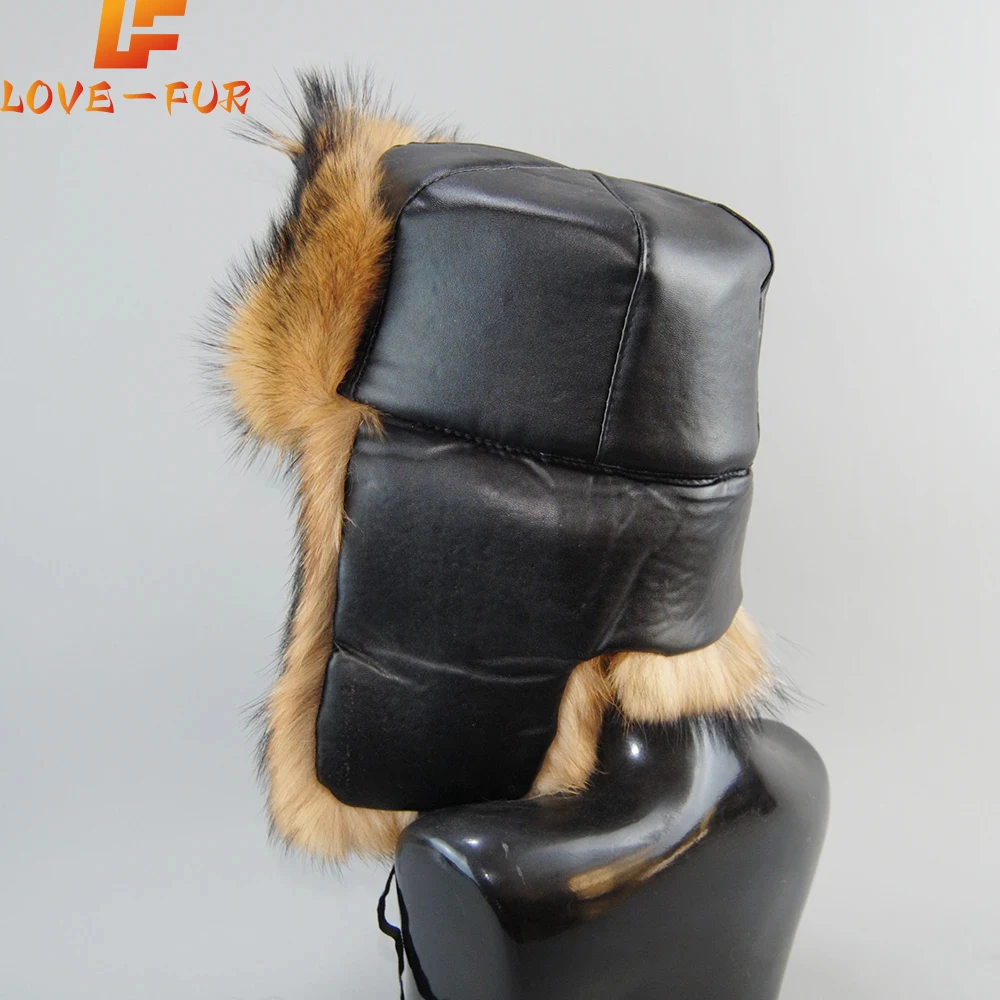 

Winter Warm Ushanka Thick Warm Cap With Ear Flaps Outdoor Windproof Ski Caps Bomber Hat For Men Real Dog Fur Russian Leather Hat