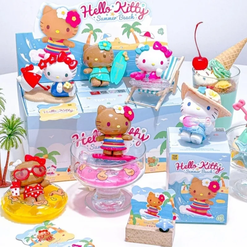 Original TOPTOY Hello Kitty Summer Beach Series Figures Blind Box Kawaii Sanrio Model Desktop Ornament Toy Box Surprising Gift
