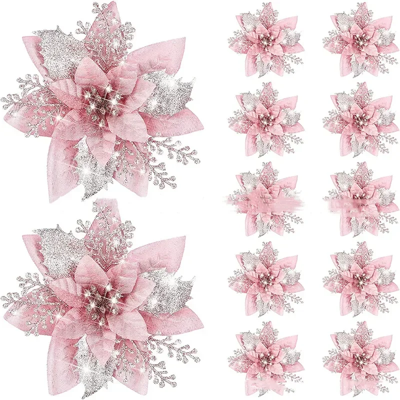 14.5cm 5Pieces Pink Silver Christmas Simulation Flower Xmas Tree Fake Flower DIY Merry Christma Decor For  Home Wreath Noel Gift