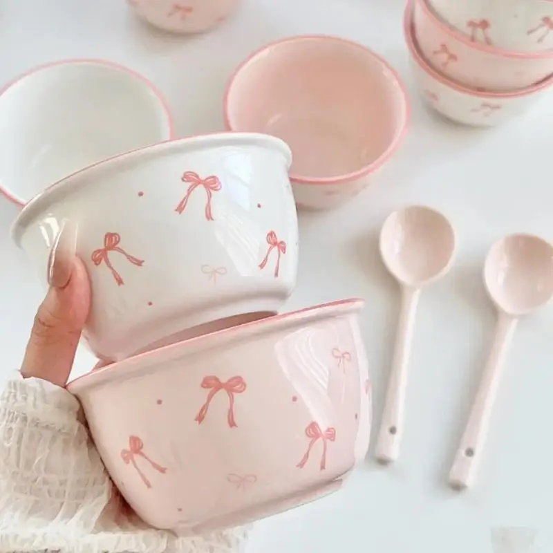 Cute Ceramic Bowl Set 2 Bowls & 2 Spoons Multipurpose Dessert Rice Soup Bowls Kitchen Tableware Birthday Holiday Present Gift