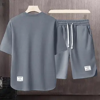 半袖とプリントのメンズスポーツウェアセット,ラウンドネック,ドローストリングとワイドレッグショーツ