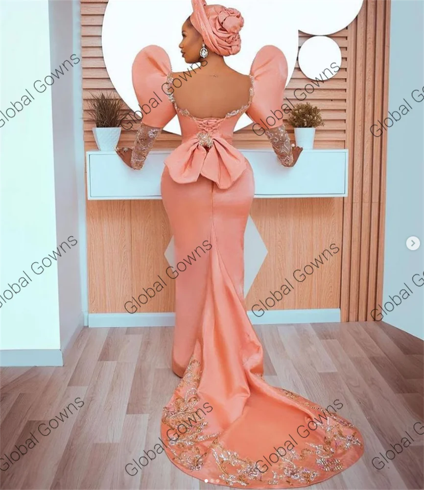 Aso Ebi African Pink O Neck Evening Dresses For Black Girls 2024 Lantern Sleeve Birthday Party Gown Beaded Appliques Customized