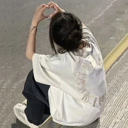 DAYIFUN-Cotton Embroidered T-Shirts Women Short Sleeve Loose O-Neck Harajuku Oversize Tops Graphic Tee Hip Hop Streetwear Summer