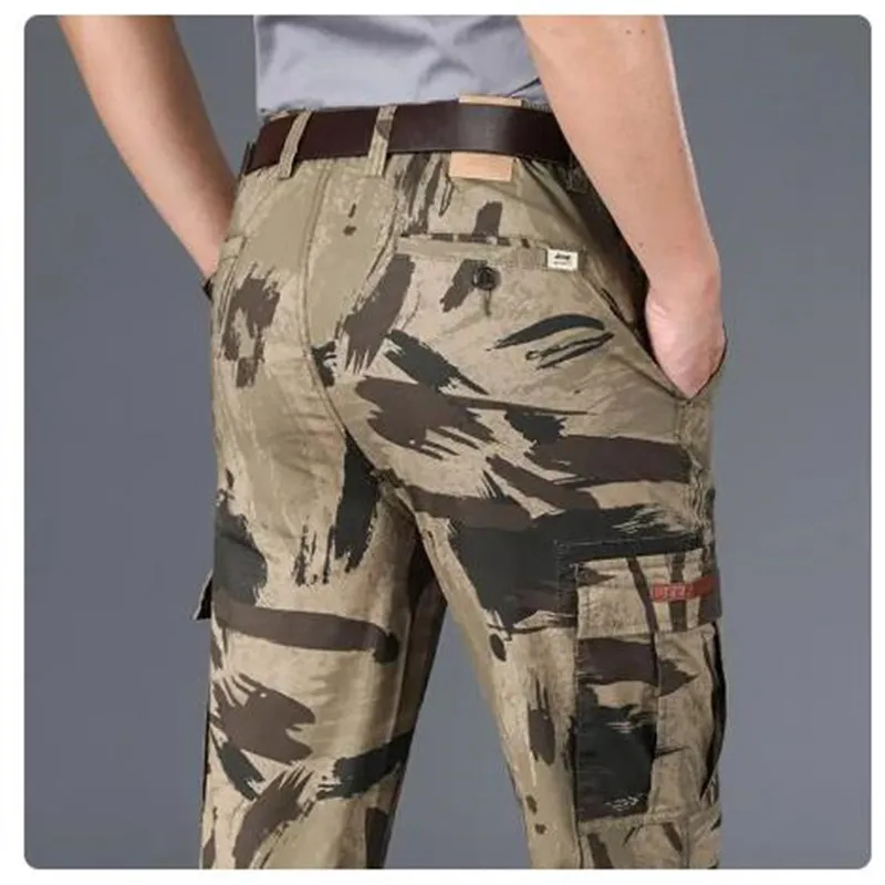 Calça de cintura elástica masculina, corredores de camuflagem folgada, calças casuais finas, roupas masculinas, calças de verão, roupas de verão