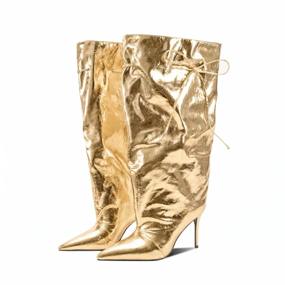 Winter Women Pointed Toe Wide Calf Knight Boots Silver Metal Decor Tall Shaft Comfort StreetwearFootwear for Daily Urban Outfits