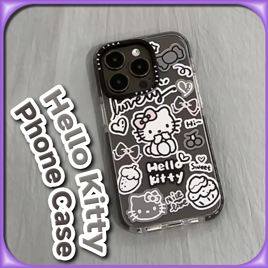 Kawaii Graffiti Hello Kitty Phone Case for iPhone15 14 13 12 11 XS/XR Pro Max Sanrio Y2K Transparent Black Soft Protective Cover