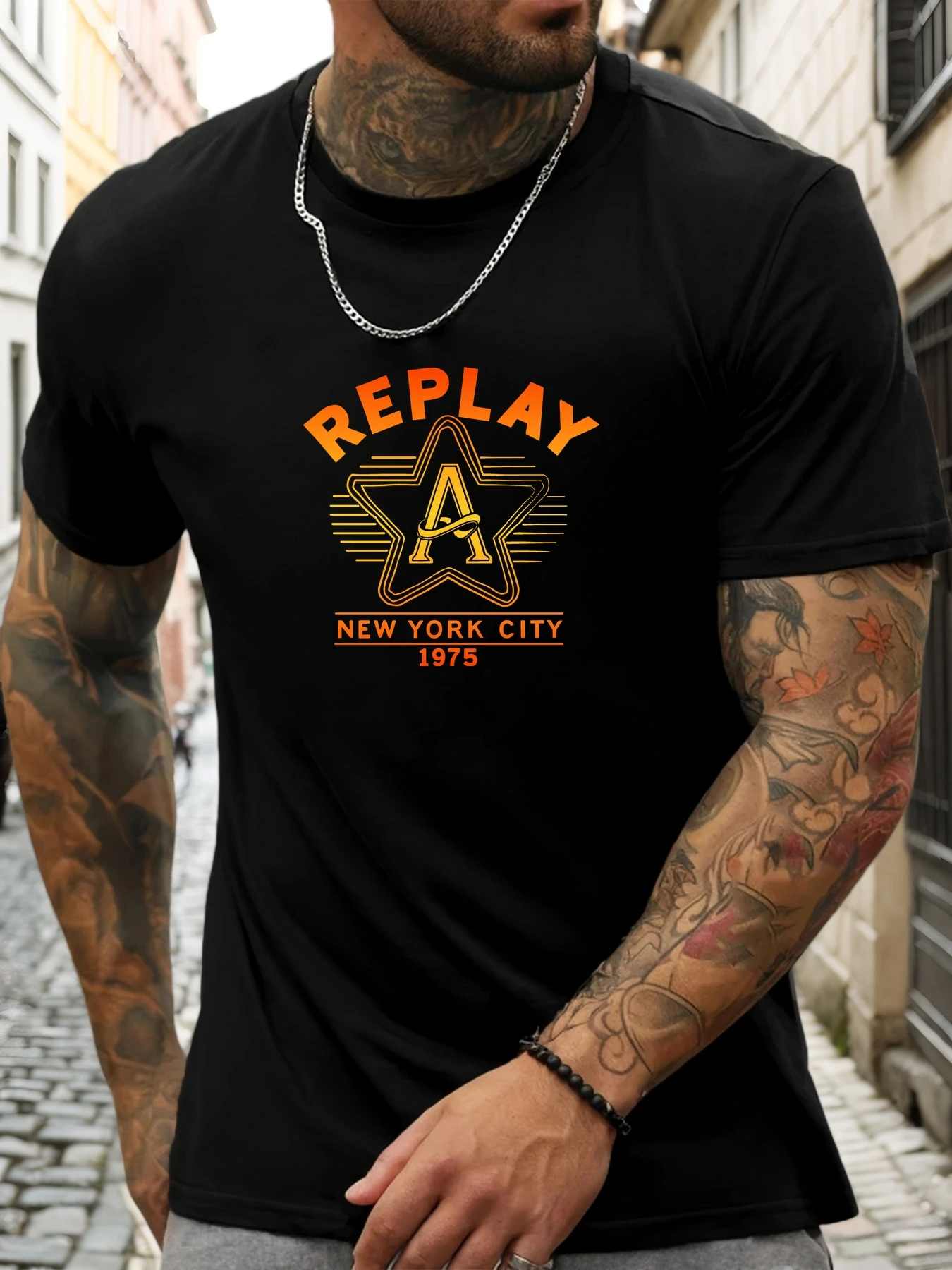 تي شيرت بأكمام قصيرة REPLAY للرجال 100 ٪ قطن نمط مطبوع قميص صيفي بياقة دائرية بمرور الهواء تي شيرت رائع كاجوال فاشن