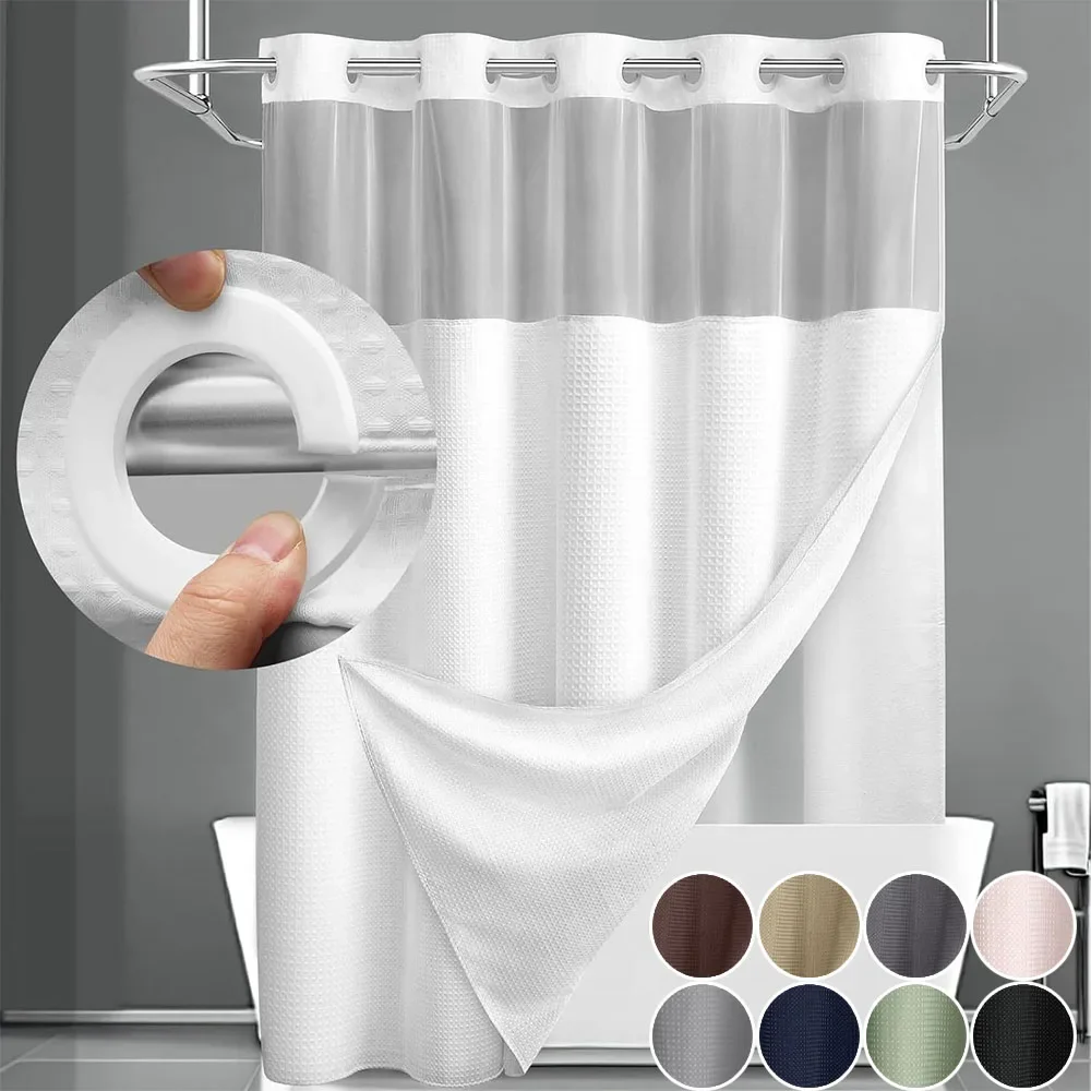 1PC Hookless Shower Curtain Set Double (with Liner) Removable White Waffle Shower Curtain Bathroom Decor Multiple Color Options