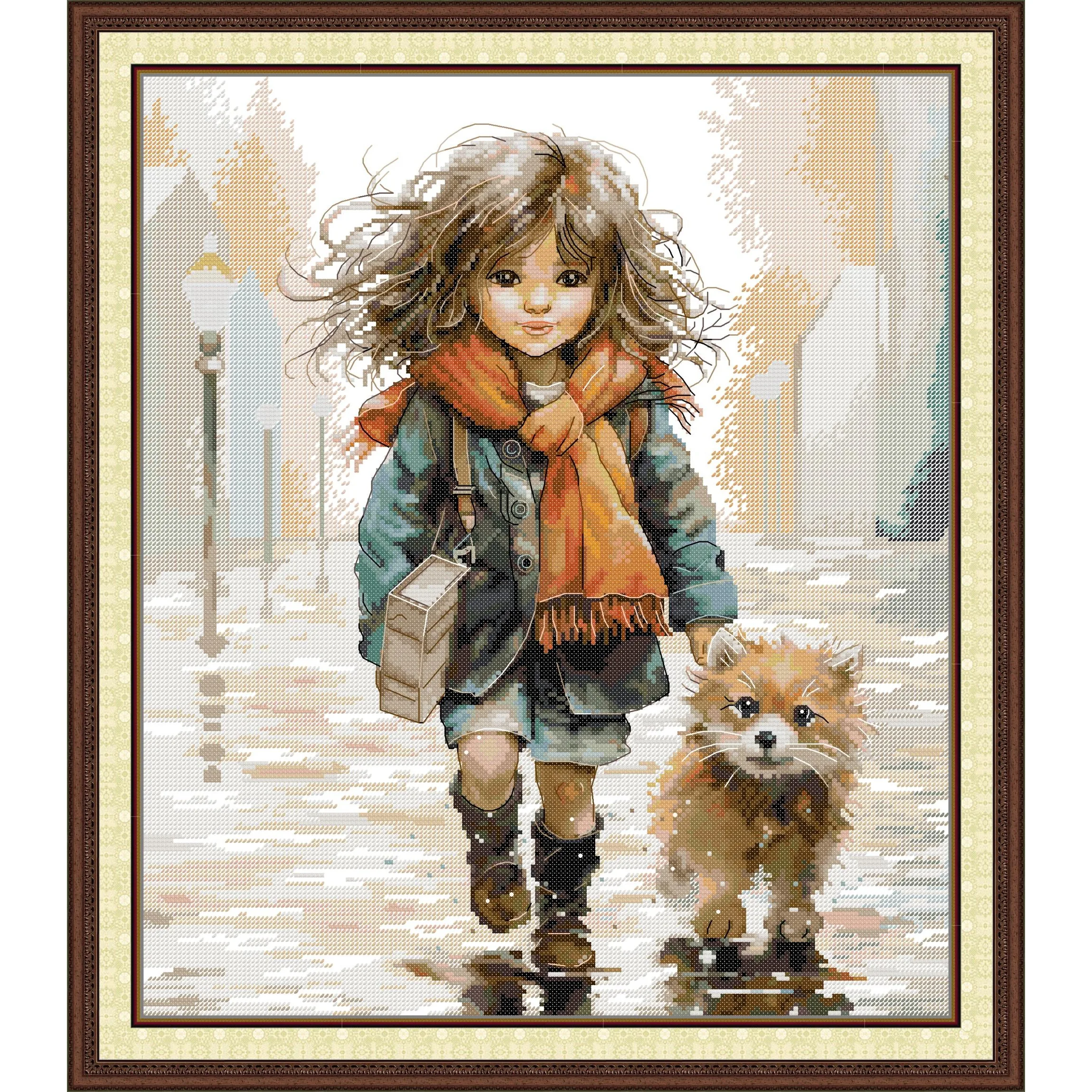 

Soulgift News Pre-Printed Cross Stitch Kit, Stamped Aida Fabric with DMC Threads, Embroidery kit - Girl and Dog