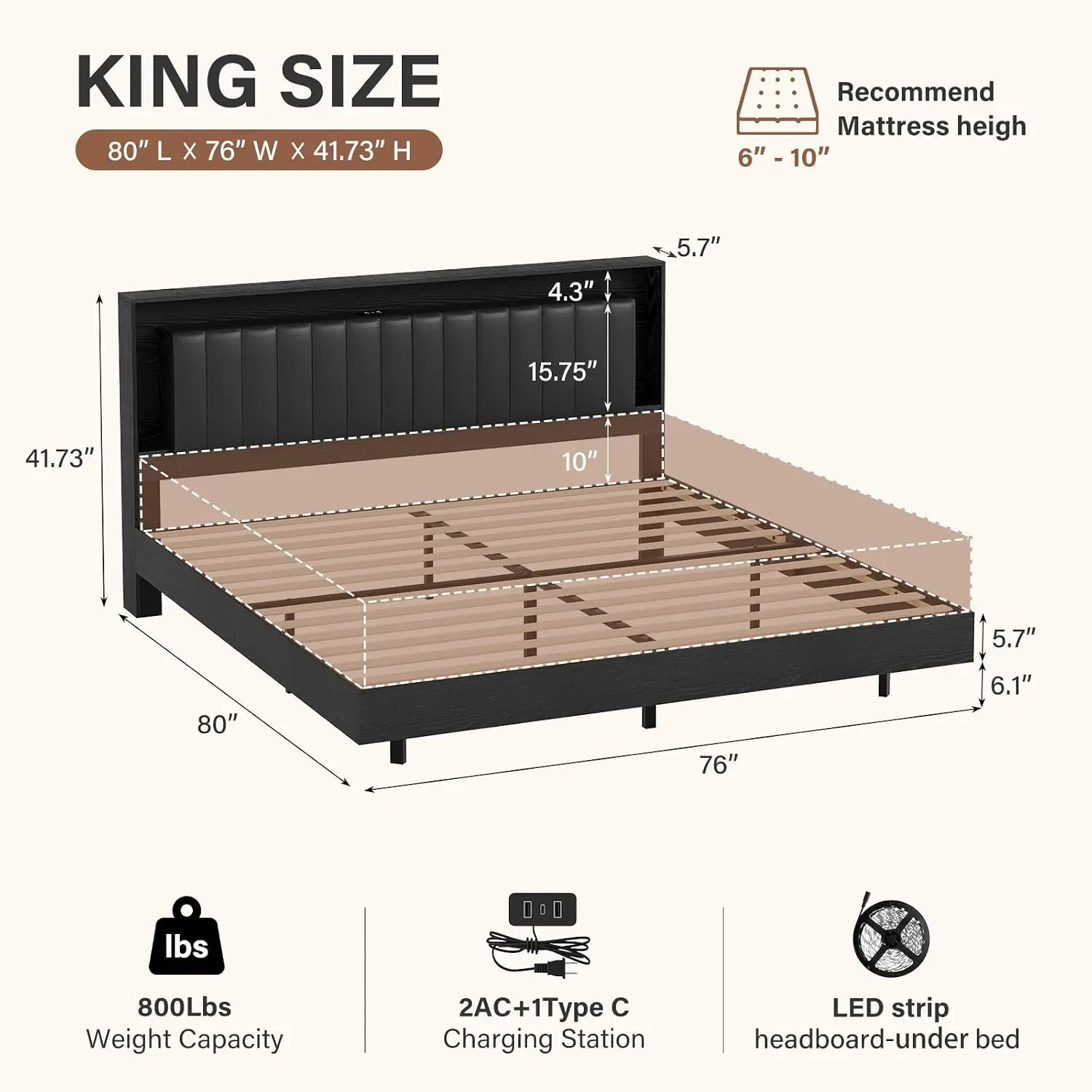 King Floating LED Bed Frame with Hidden Storage, Customized