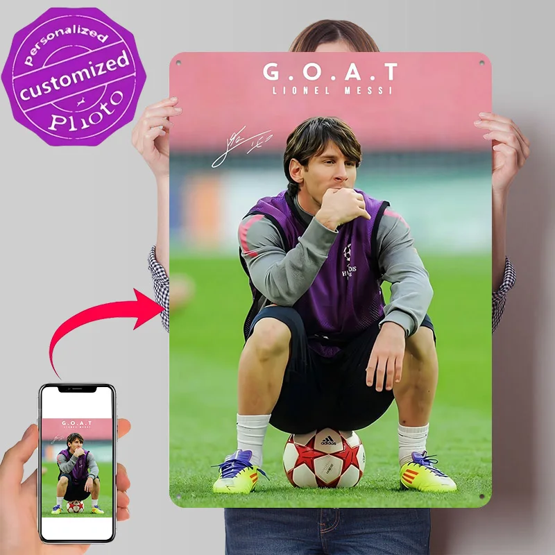 Lionel Messi Sitting on Soccer Ball Poster Retro 3D Printed Metal Signs Customized Wall Hanging Gift for Home Decoration Luxury