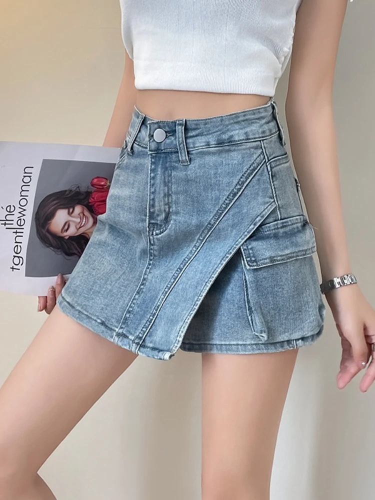 카우보이 하프 바디 스커트 팬츠 여성 패션 페이크 투피스 하이웨이스트 A라인 와이드 레그 여름 얇은 스트레치 반바지