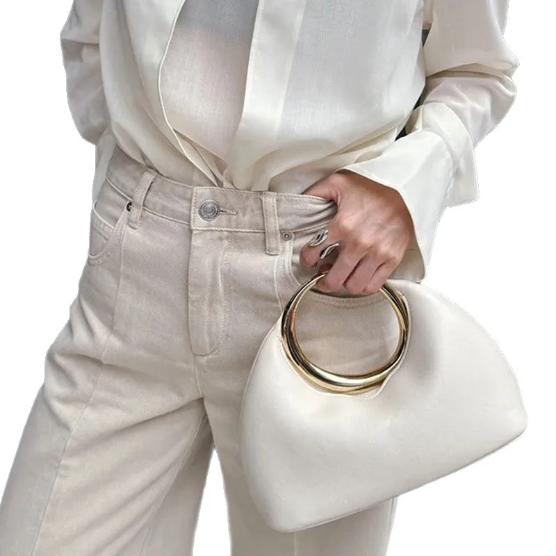 Cross-border retro niche design French elegant handheld women's metal ring high-end soft leather tote luxury handbags