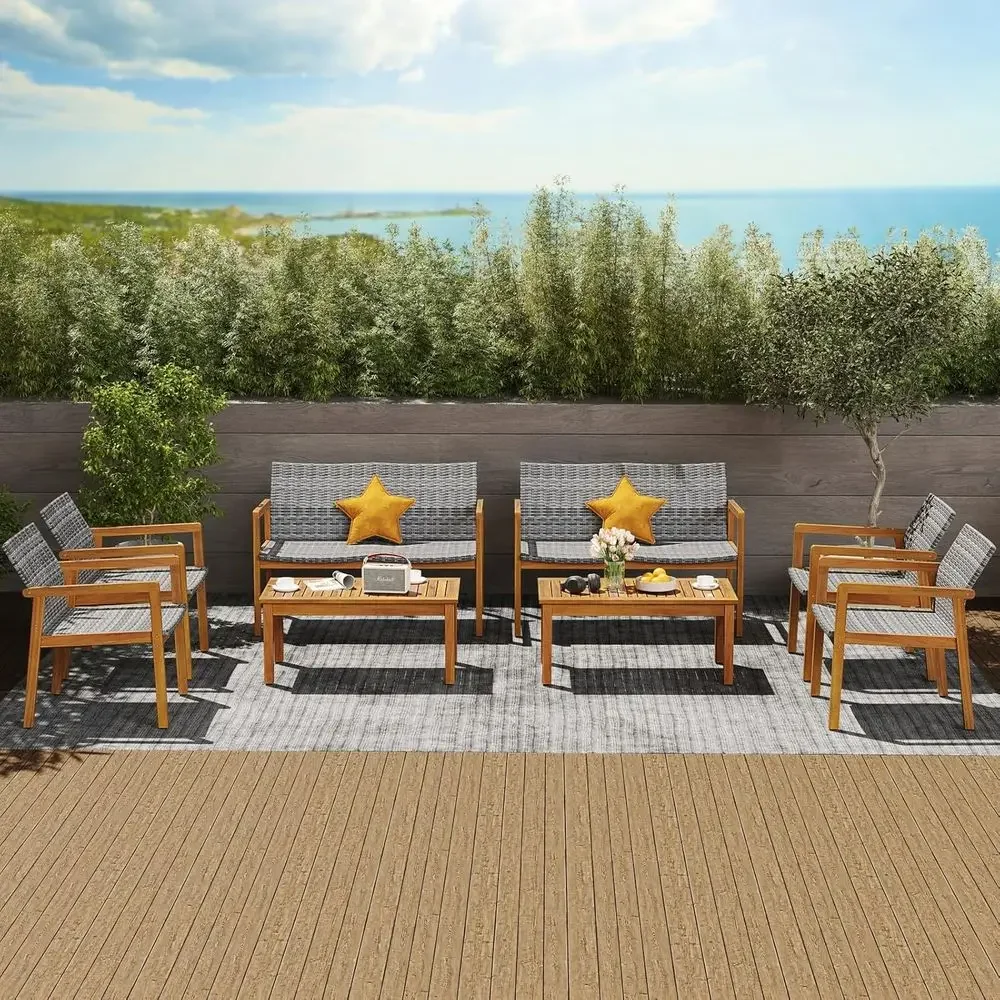 8-Piece Acacia Wood Outdoor Furniture Set with Rattan Seats, Ideal for Patio, Balcony, Poolside, and Backyard