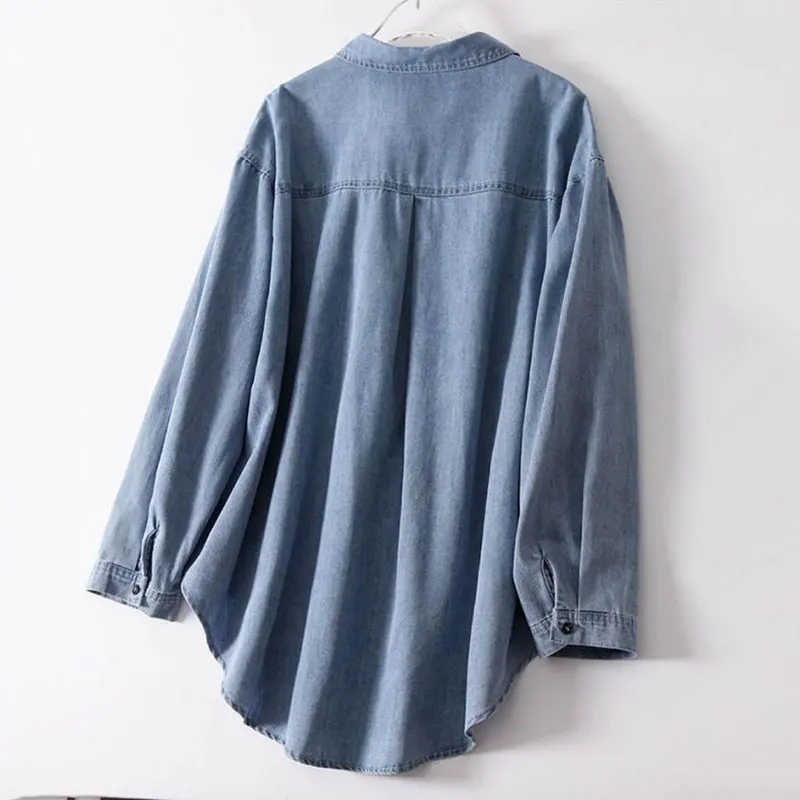 Oversize 85kg Loose Basic Jean Shirts Women Polo Collar Classical Denim Blouses 2023 Spring Fall Pocket Wash Blue Casual Blusas