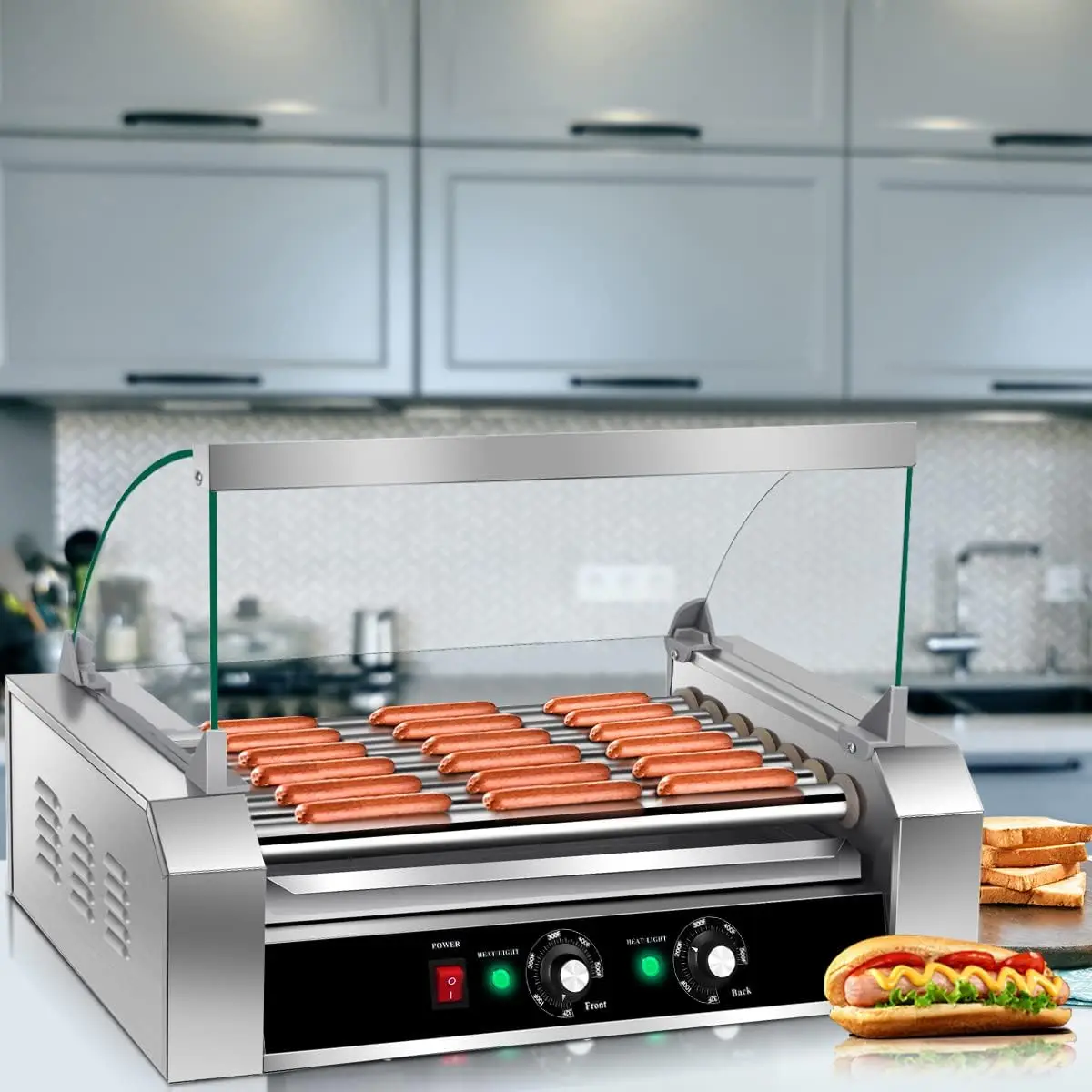 Hot Dog Roller Machine, 7 Non-Stick Rollers 18 Hot Dog Sausage Grill Cooker Machine with Removable Stainless Steel Drip Tray