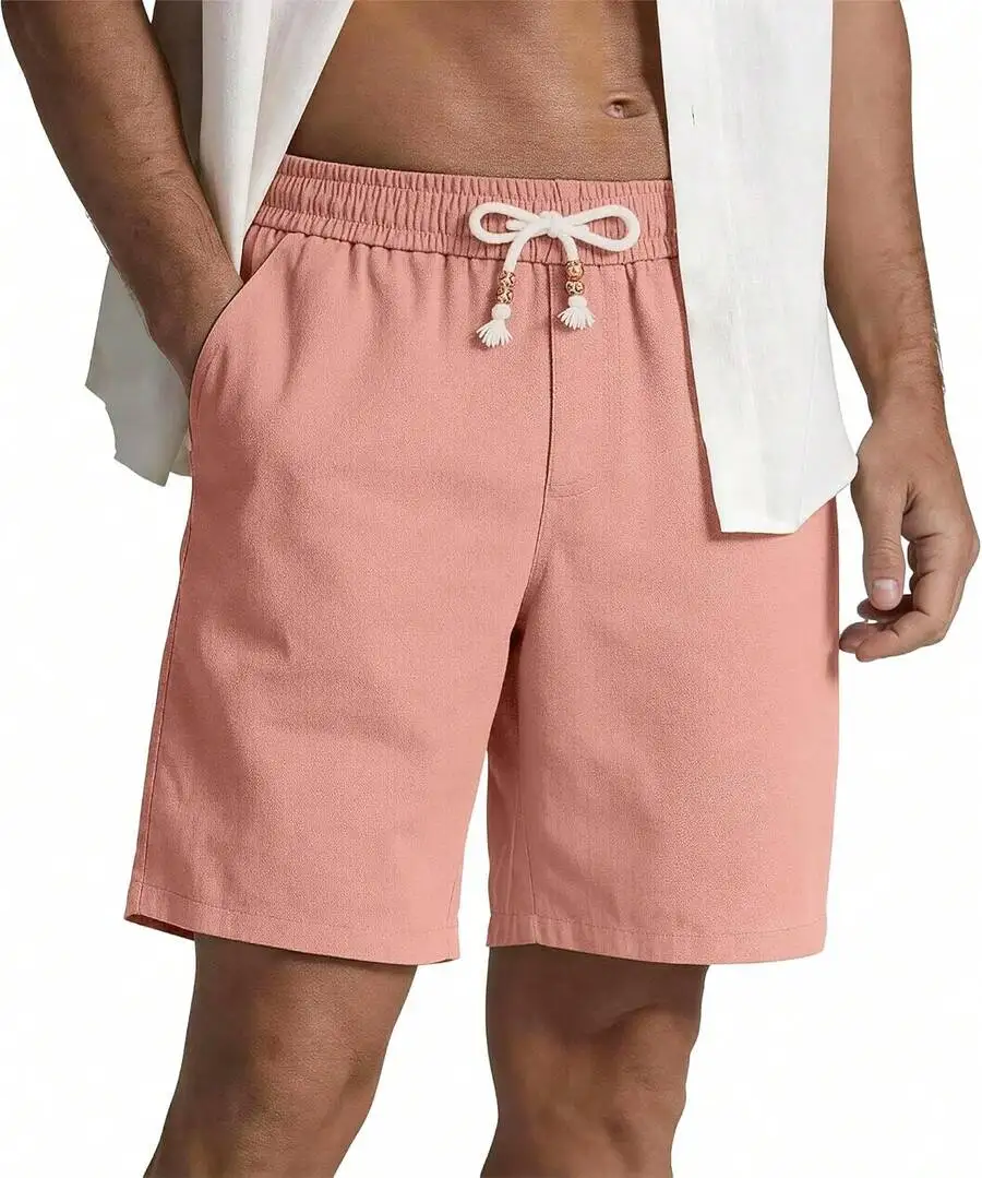 

Mens Linen Cotton Drawstring Elastic Waist Casual Shorts For Summer Beach Vacation