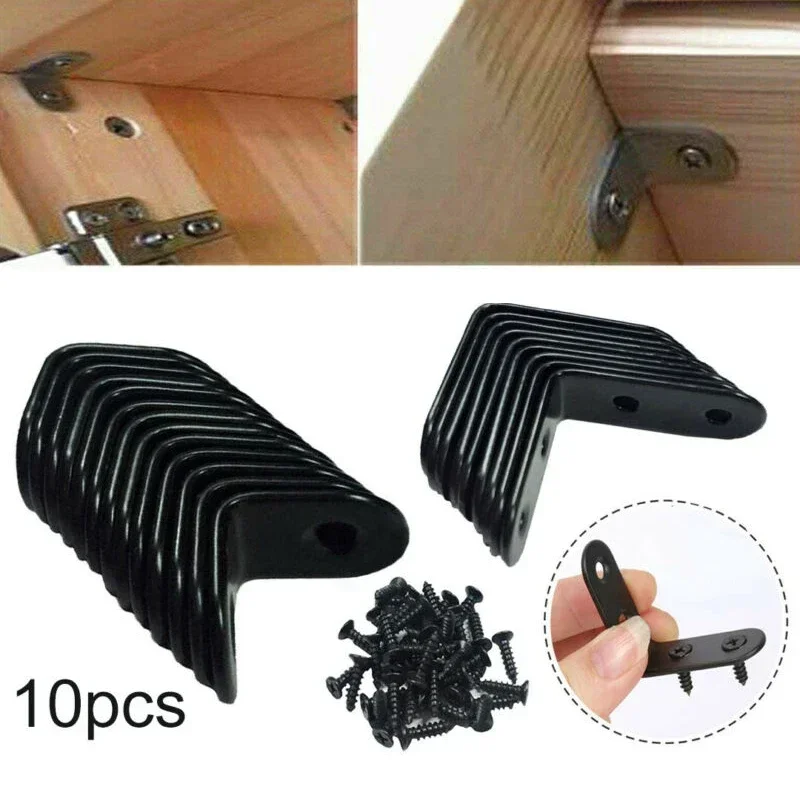 

10pcs Black L-Shaped Brackets Stainless Steel Right Angle Bracket Support Iron Wardrobes Cabinet Joint Furniture Hardware Home