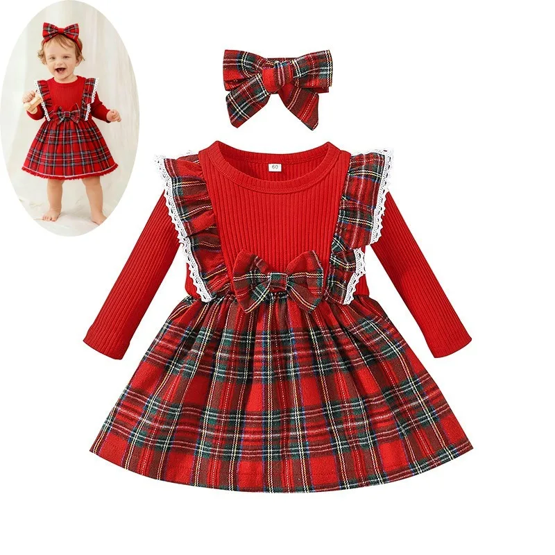 

2Pcs Baby Girl Dress Infant Clothes Newborn Fall Winter Outfits Plaid Dresses Cute Birthday Gifts Holiday Princess Dress bebe