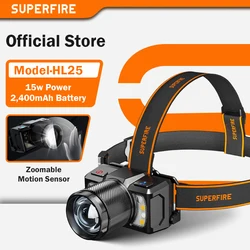 SUPERFIRE Super Bright Headlamp HL25-A LED Sensor Headlight Waterproof USB C Rechargeable Work Light Fishing Zoomable Camping