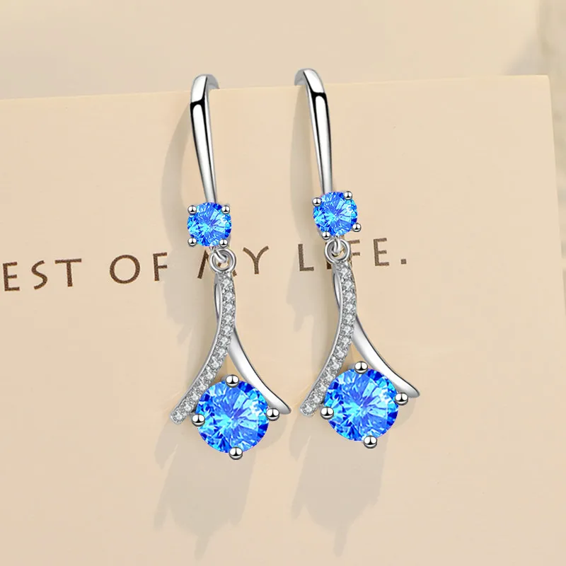 925 Sterling Silver Earrings Luxury Blue Pink White Crystal Earring For Women Fashion New Jewelry