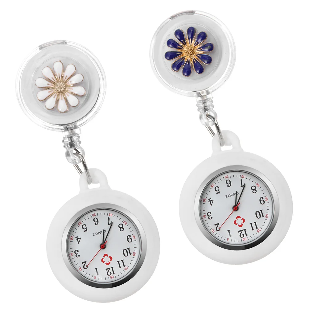 2pcs Pocket For Nurses Clip- Timepiece Portable Retractable Nurse Watch Flower Pattern Chest Watch Gift For Doctors