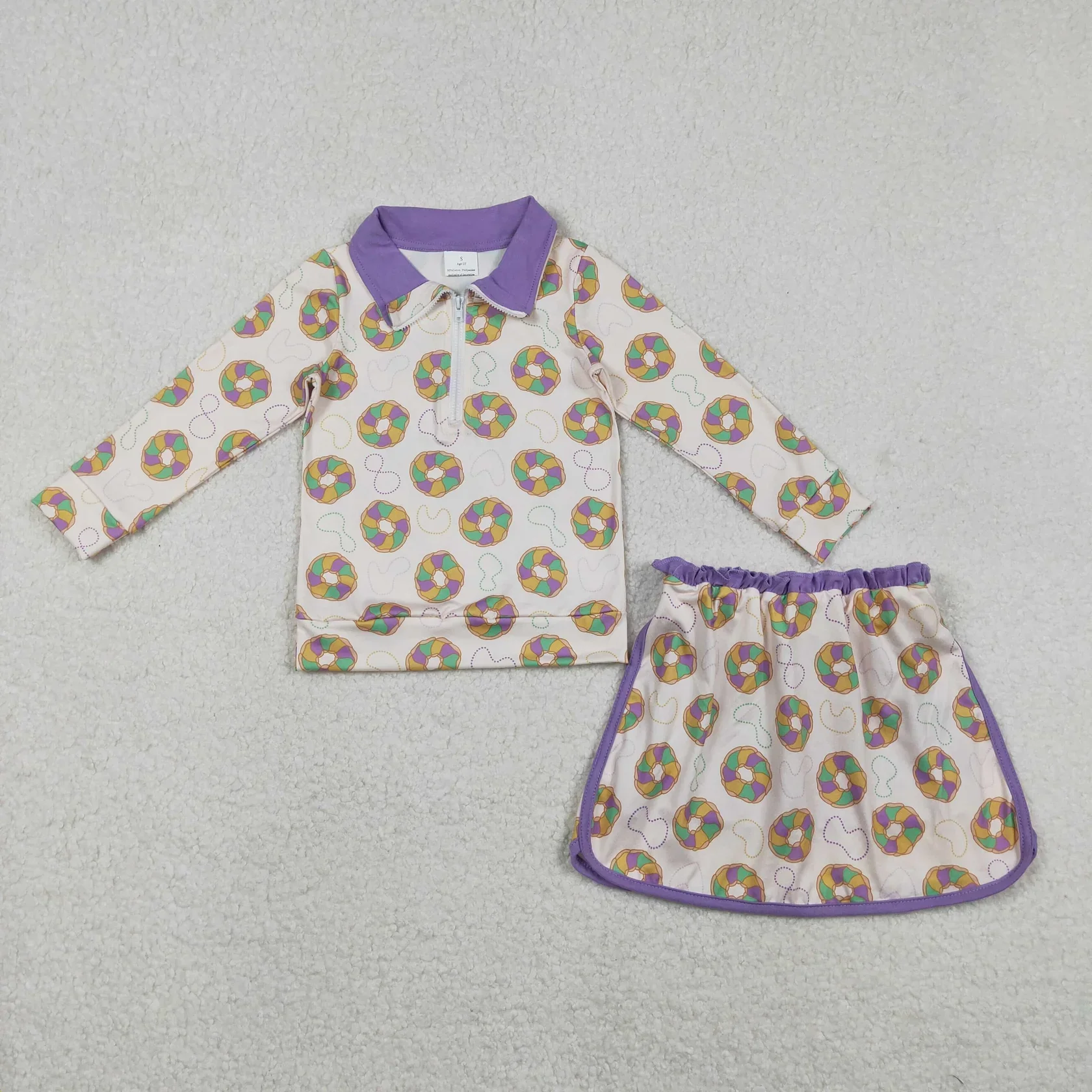 Wholesale Children Kids Mardi Gras Set Infant Long Sleeves Clothes Donuts Zipper Shirt Girl Outfit Toddler Skirt Skorts Shorts