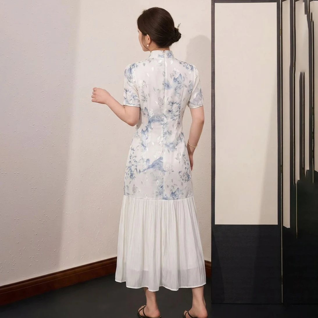 New Chinese Floral Mesh Qipao Midi Dress Mandarin Collar Cap Slim Ruffle Hem Split Improved Cheongsam Wedding Guest Vestidos