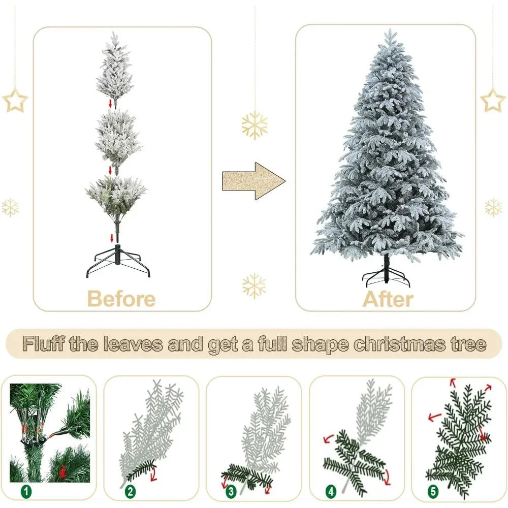 Christmas Tree, 7.5 Ft, with 10 Function Lights, Multi-Colors, Metal Base, 2643 Tips, 400 Lights,Prelit Flocked Christmas Tree