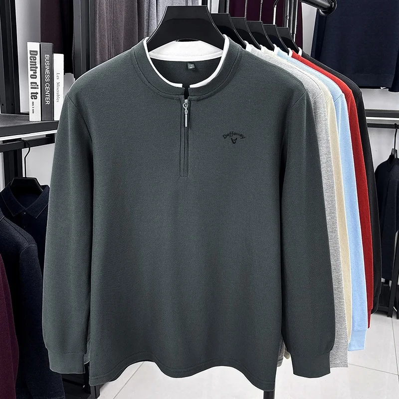 Herbst-Trend: Herren-T-Shirt in Unifarbe mit halbem Reißverschluss, 100 % Baumwolle, langärmelig, mit Stehkragen, hautfreundlich, für den täglichen Gebrauch, Herrenbekleidung. – Detail 3
