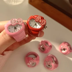Lovely Rhinestone Bow Cat Clock Finger Ring for Women Girls Fashion Finger Adorn Accessories Punk Mini Quartz Rings 2024 New