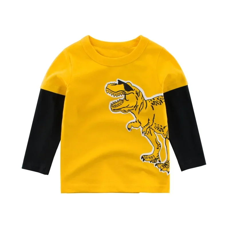 Fake Two Dinosaur Cartoon T-shirt for Boy 2024 Autumn Children\'s Bottoms Shirt Baby Boys Long Sleeve Cotton Top Tee Kids Clothes