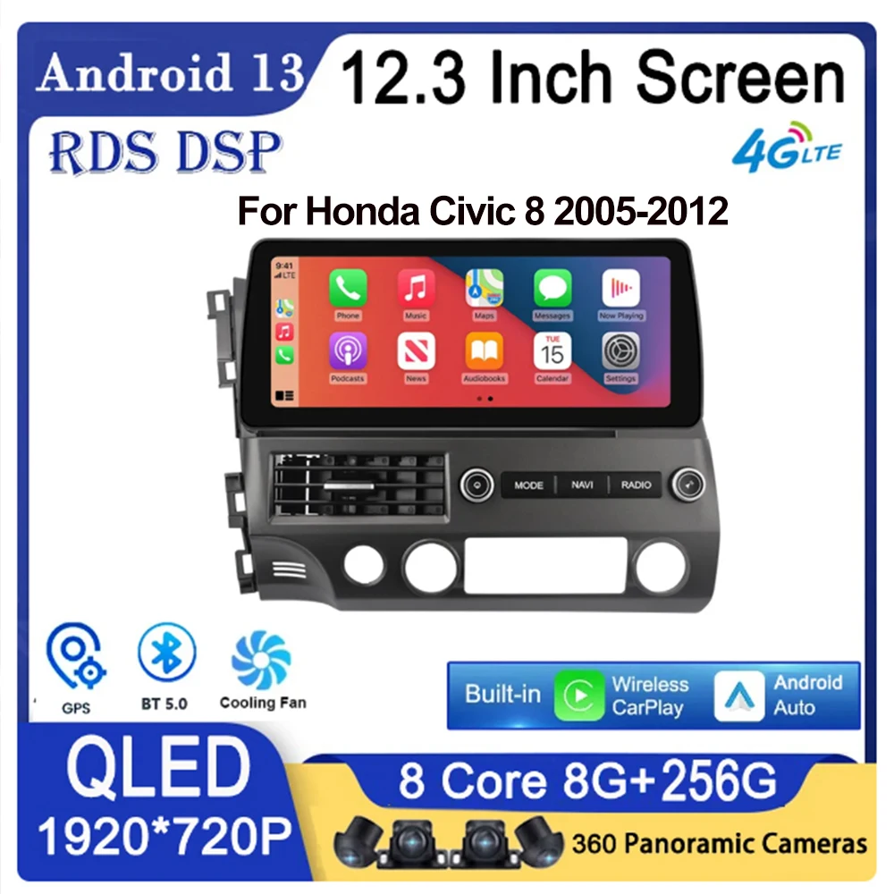 

2 dIN Android Car Multimedia video Player For Honda Civic 8 2005-2012 12.3inch large screen radio 2DIN Carplay navigation GPS