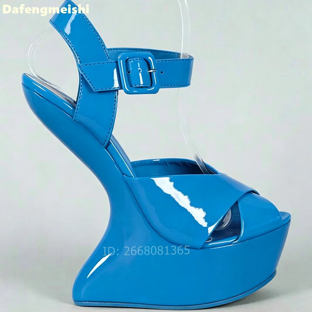 

Skyblue Patent Leather Fashion High Heels Slingback Cross Strap Solid Color Summer Sandals Strange Style Heel Women Novelty Shoe