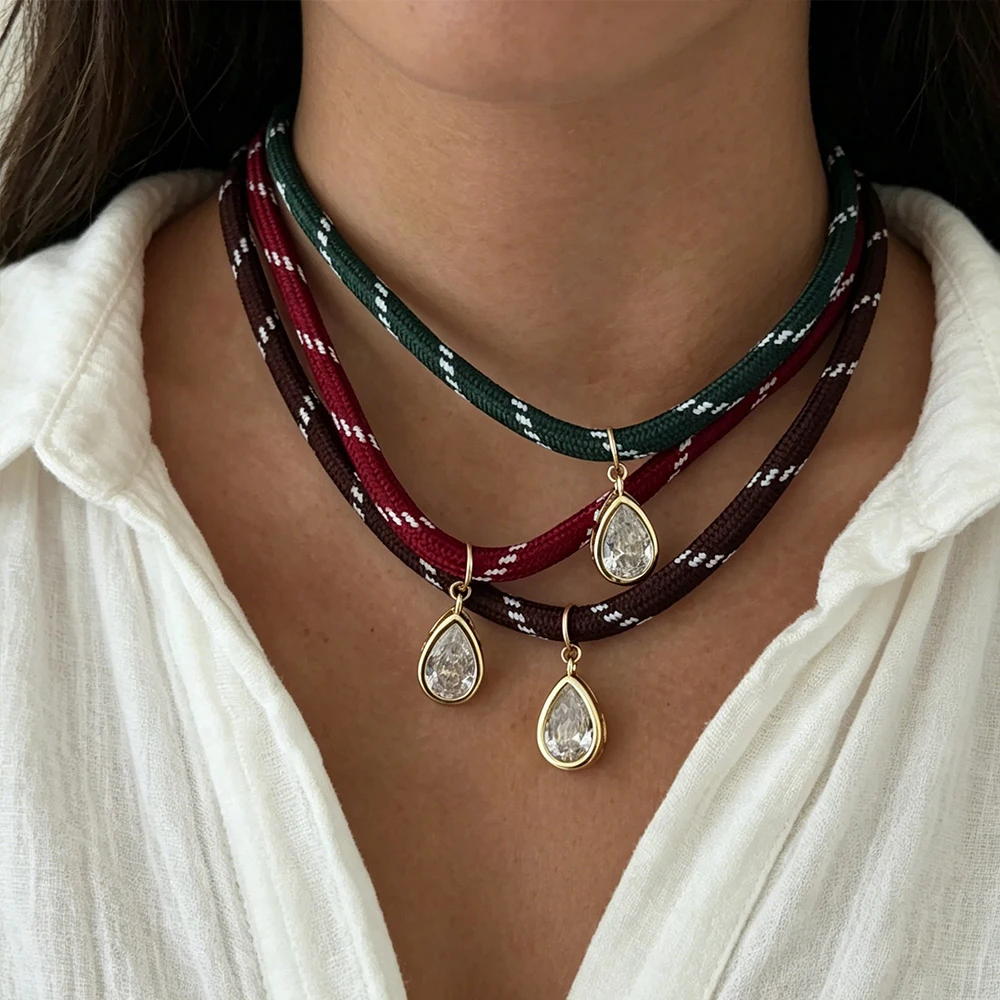 Trendige Damen-Anhängerkette im Boho-Stil mit dickem Seil, Wassertropfen-Zirkon, wasserdicht, aus Edelstahl, leichter Schmuck