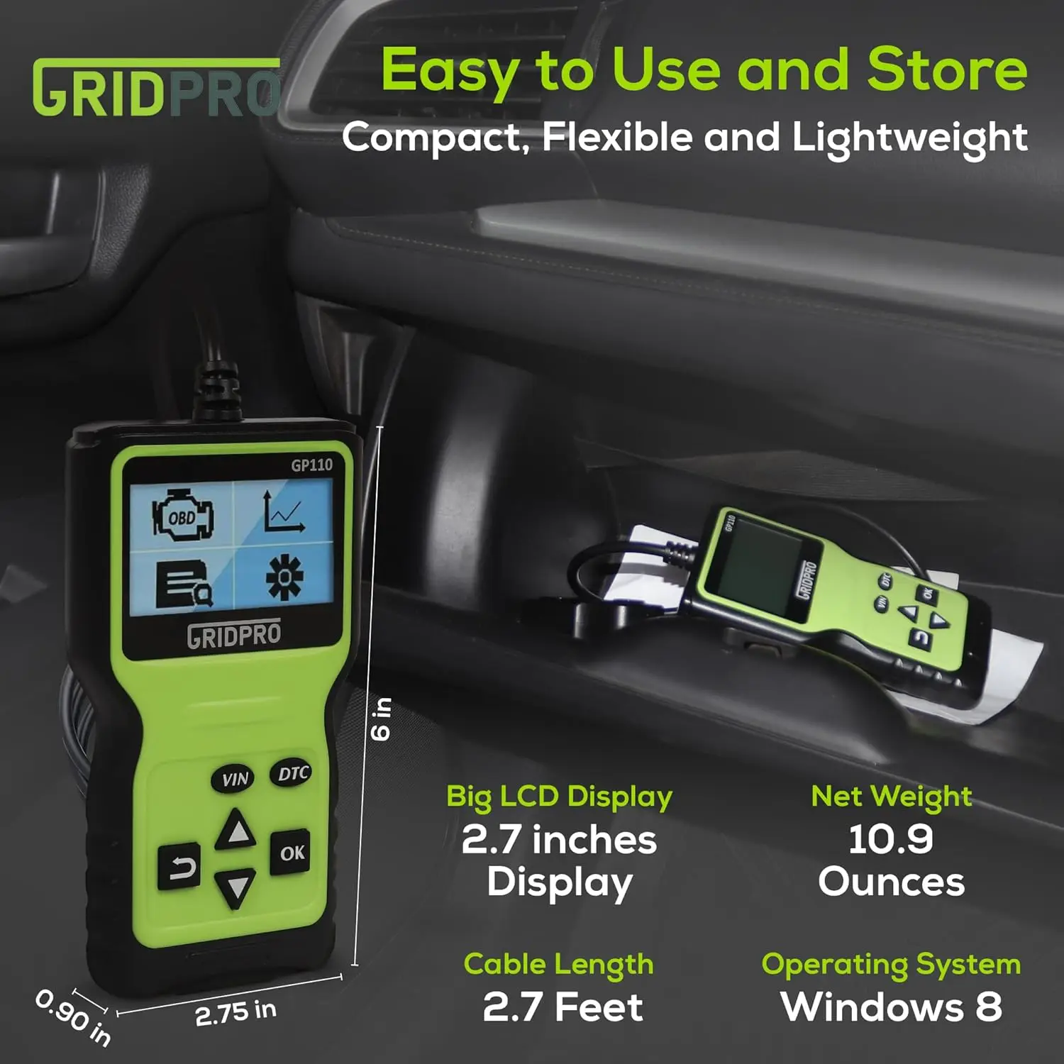 GP110 OBD2 Scanner Code Reader for All Cars, Clear Engine Light, CAN Bus Diagnostic Tool with Large Display