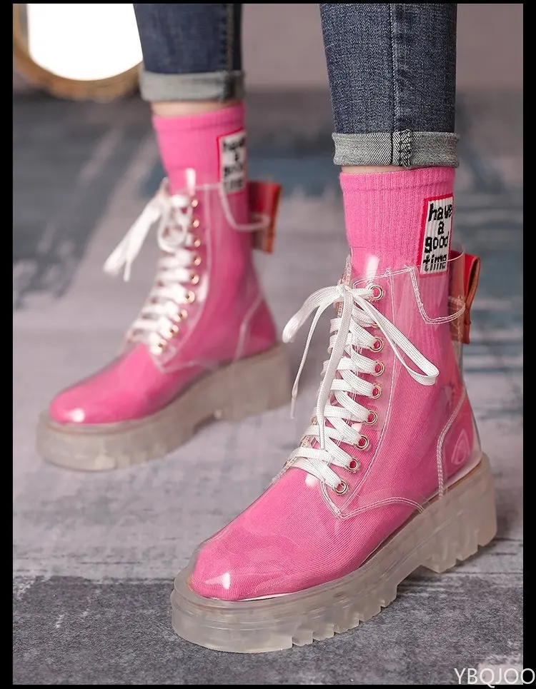 2022 Cool Fashion Women Transparent Platform Boots Waterproof Ankle Boots Feminine Clear Heel Short Boots Sexy Female Rain Shoes