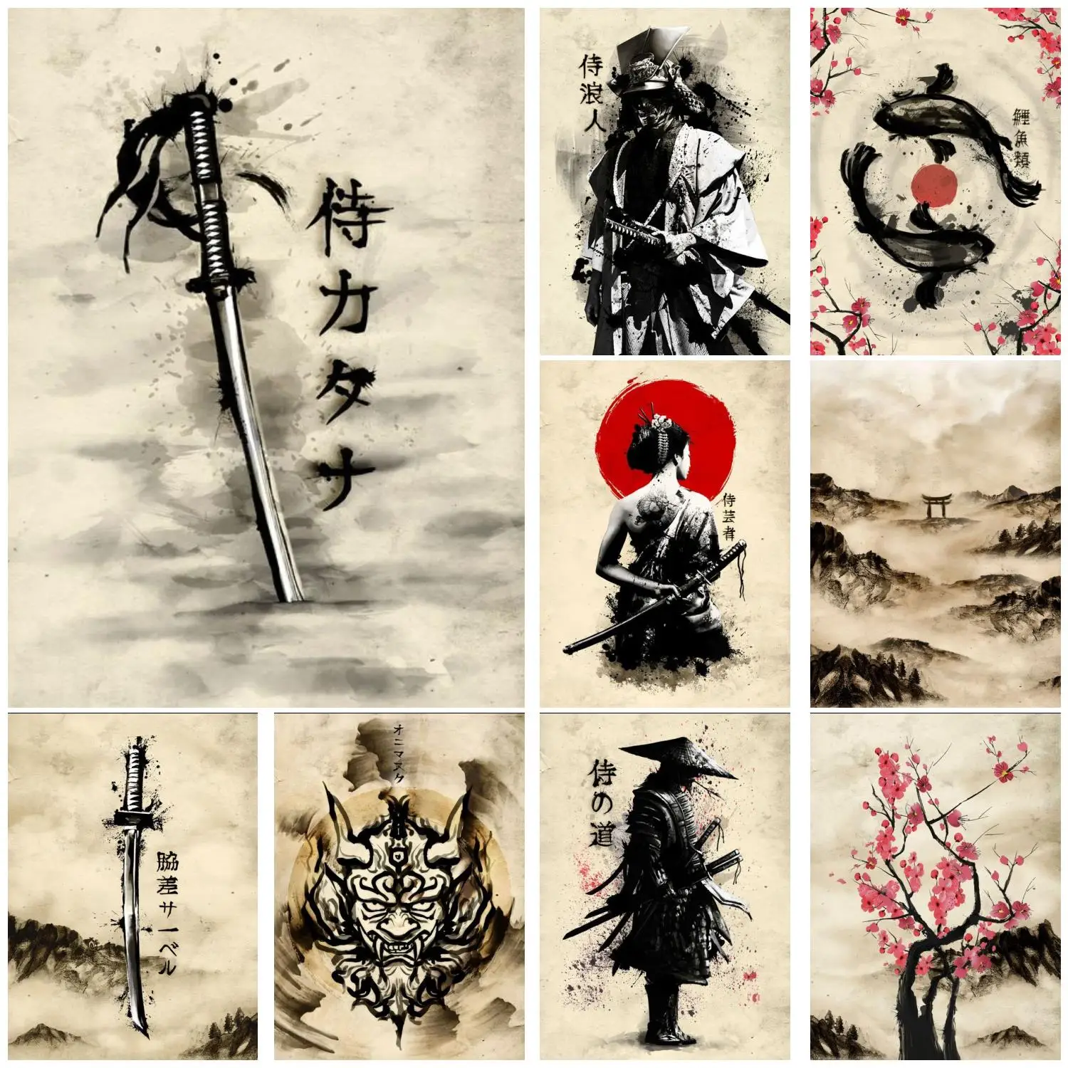 Samurai Sakura Saber Pisces Wall Art Picture Paintings Modular Japanese Ink Canvas Poster Print Moon Home Decor Living Room