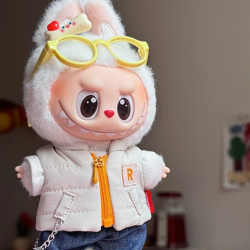 For 15 17cm Labubu Doll Winter Down Vest With Jeans Shoes Complete Outfit Clothes Down Jackets Laser Skiwear Fashion Clothing