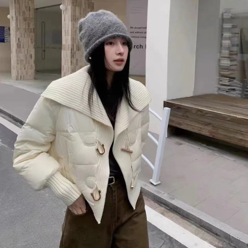 Knitted Stitching Down Jacket Women\'s Overcoat 2025 Winter New Fashion Loose Lapel White Duck Down Coats Thicke Warm Parker Coat