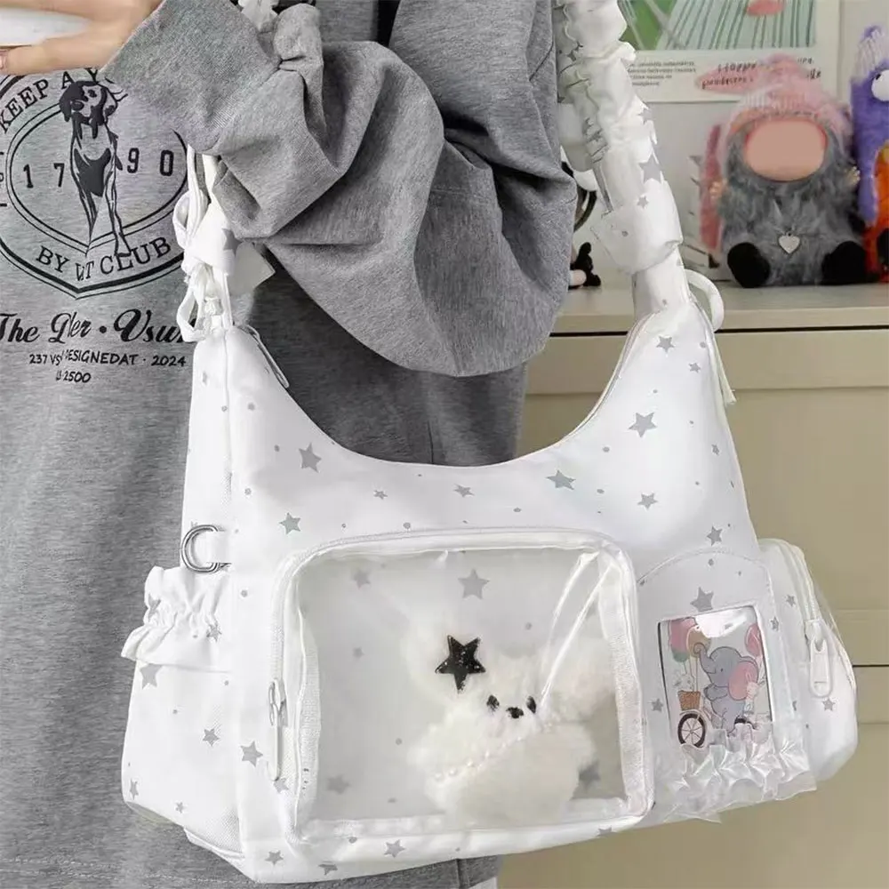 Star Print Itabag Transparent Window Hobo Bag Ruffle Pleated Shoulder Strap Purse Kpop Idol Photocard Display Bag Casual Bag