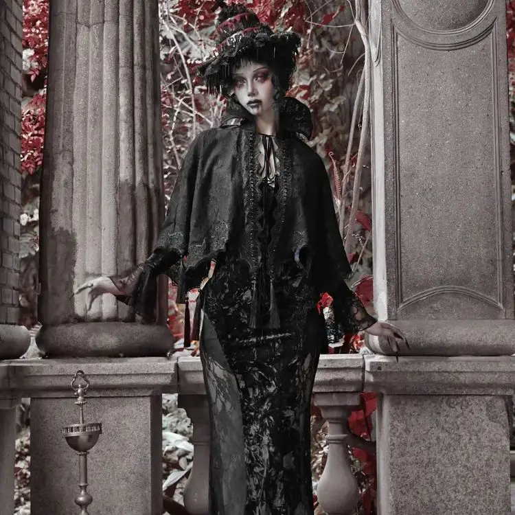 Blood Supply Original Gothic Black Embroidered Classical European Court Cloak Folk Cape Summer Beach Sun-proof Cloaks